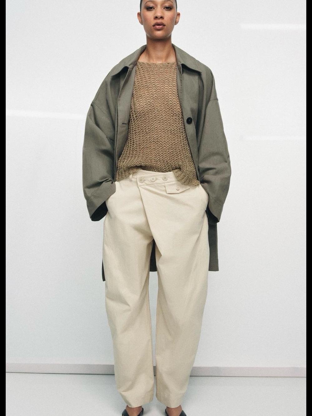 Zara Olive Green Oversized Coat with Cream High-Waist Trousers